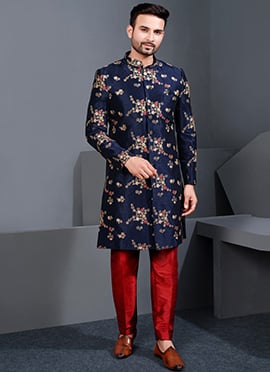Grand Navy Blue Jacquard Silk Zari Embroidered Thread Indowestern Sherwani