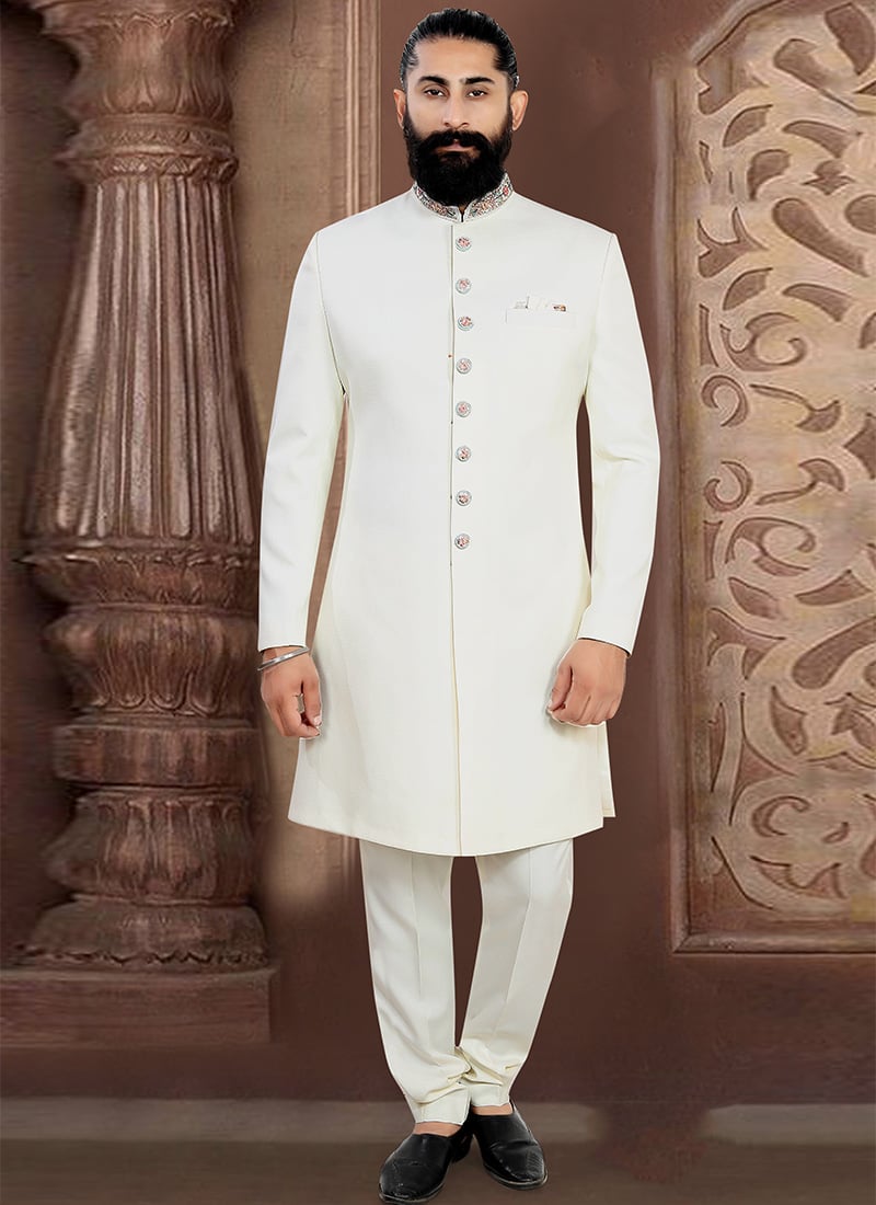 Grand Off White Jacquard Sequins Embroidered Thread Indowestern Sherwani Wedding Wear