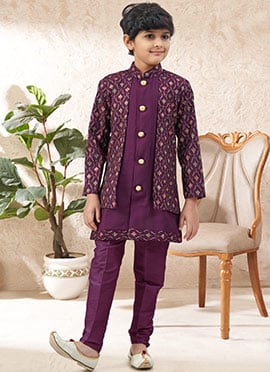 Grand Purple Malai Silk Zari Stone Work Kids Boys Indowestern Sherwani