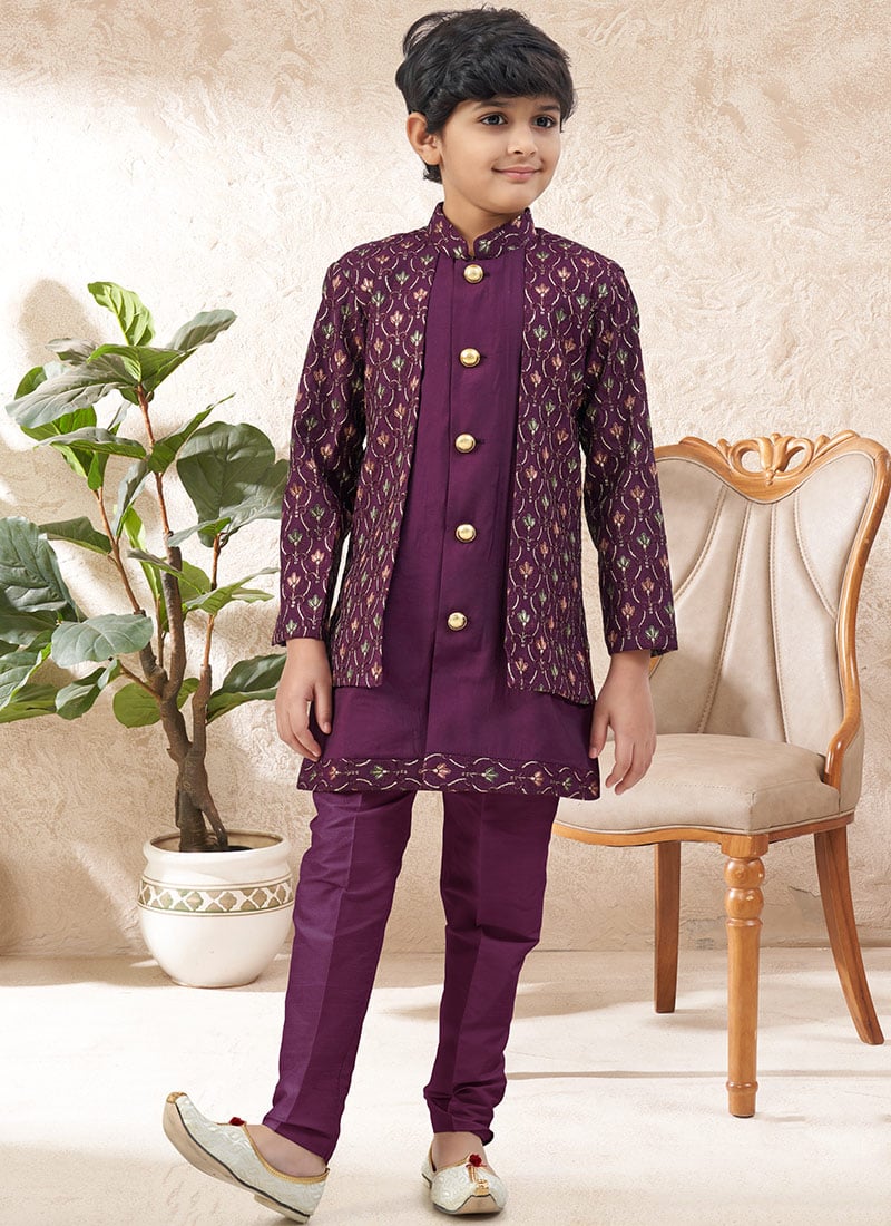 Grand Purple Malai Silk Zari Stone Work Kids Boys Indowestern Sherwani Wedding Wear