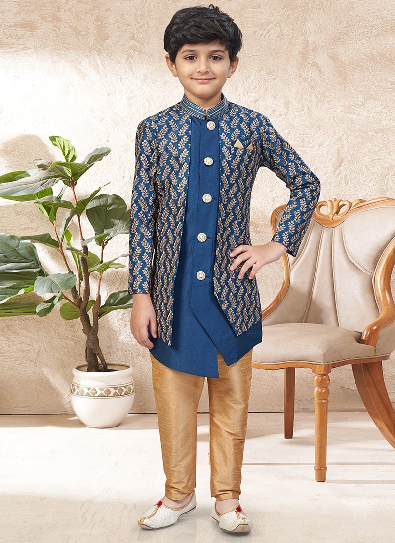 Grand Royal Blue Banarasi Silk Zari Embroidered Kids Boys Indowestern Sherwani Wedding Wear