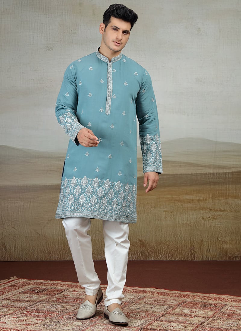 Gray Blue Silk Embroidered Kurta Pyjama Festive Wear