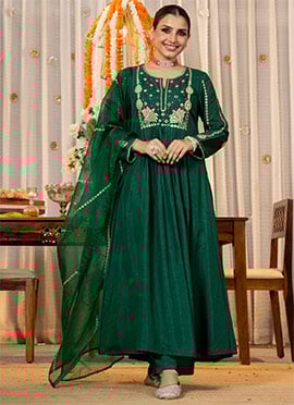 Green  Chanderi Silk Embroidered Straight Pant Suit