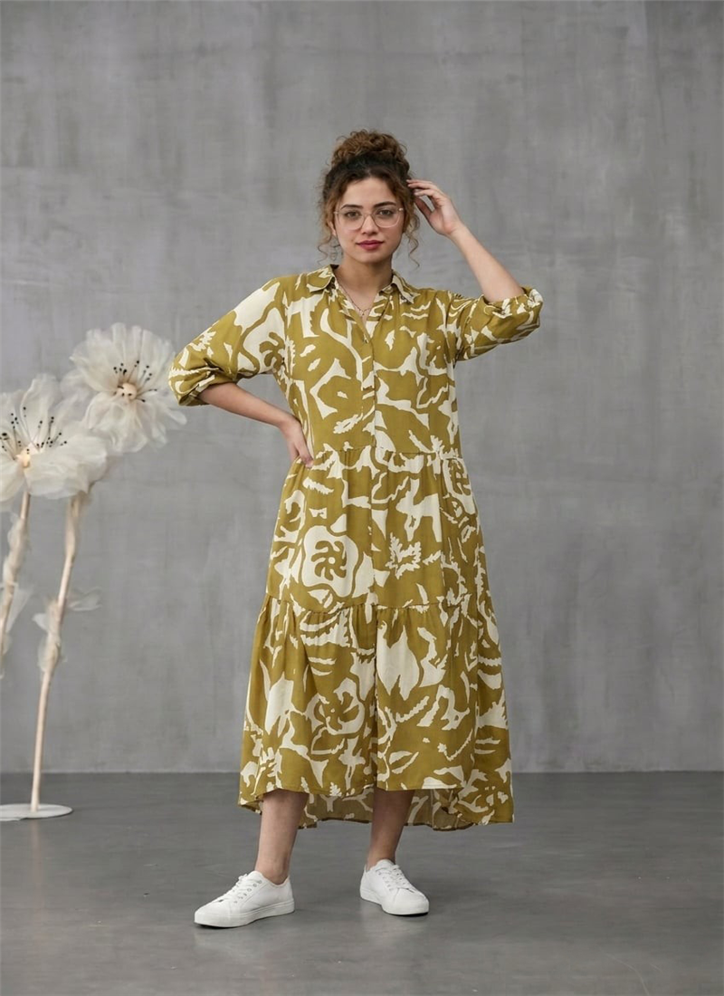 Green  Rayon Printed Midi Dress After Six Wear