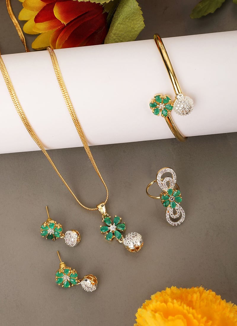 Green American Diamond Golden Plated Pendant Set 