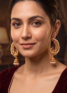 Green Antique Peacock Chain Pearl Jhumka Earrings