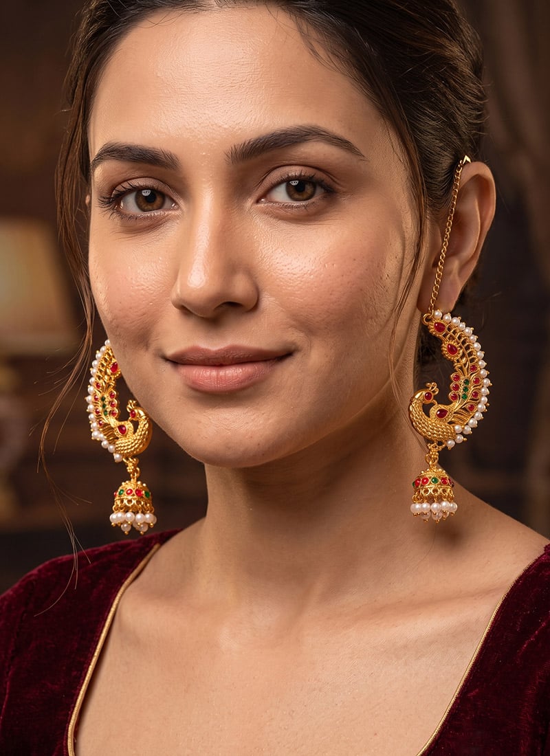 Green Antique Peacock Chain Pearl Jhumka Earrings After Six Wear