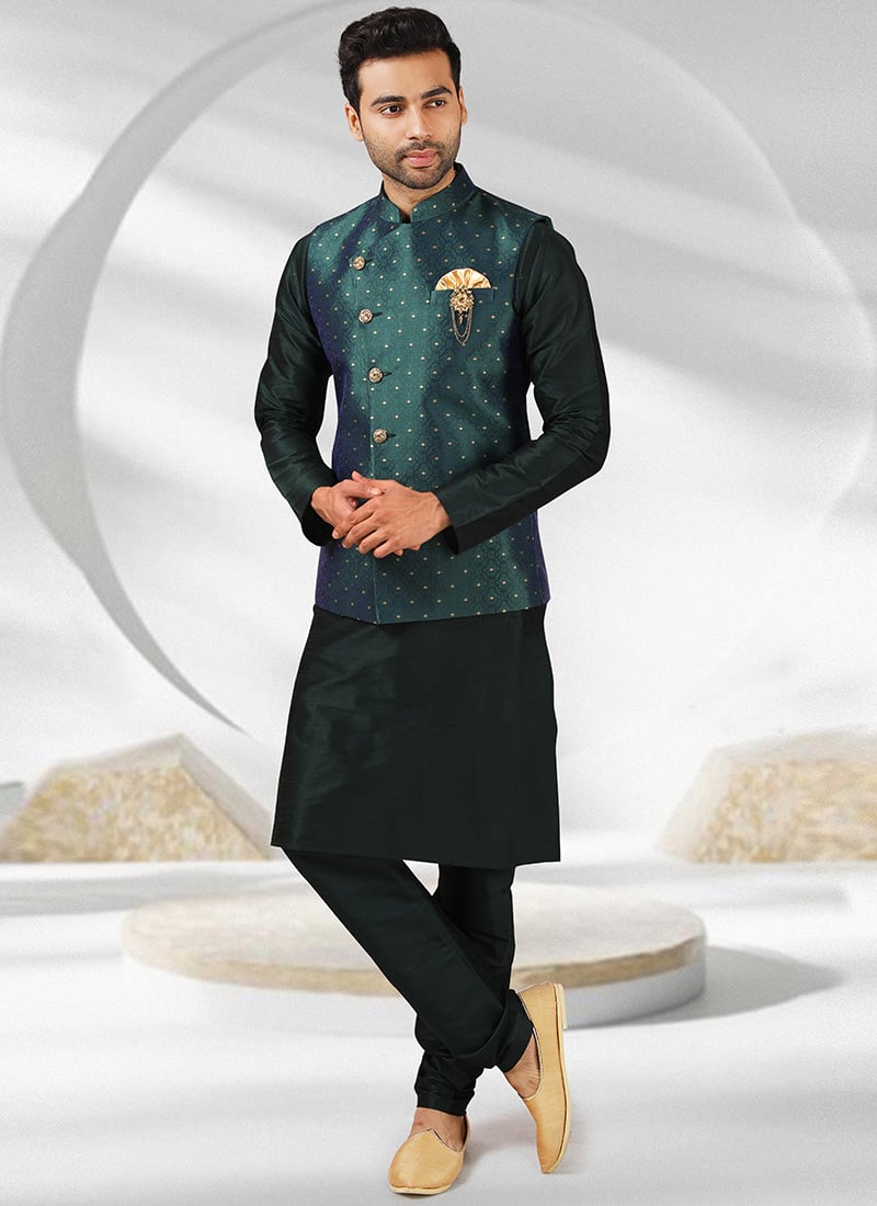 Green Art Banarasi Silk Jacquard Bandi Set Party Wear
