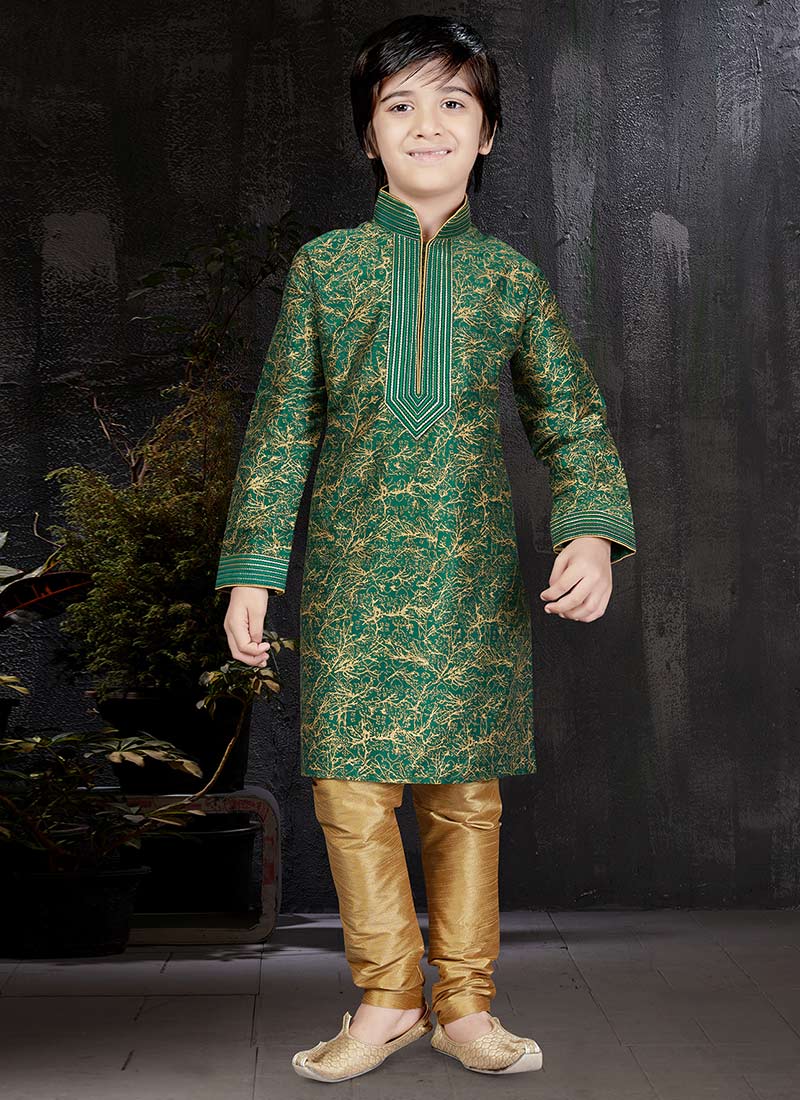 Green Art Dupion Silk Kids Kurta Pyjama