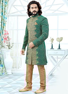 Green Art Silk Achkan Sherwani