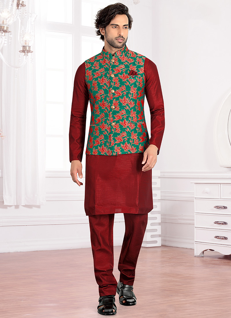 Buy Green Art Silk Bandhgala Jacket, Brocade, bandhgala jacket Online