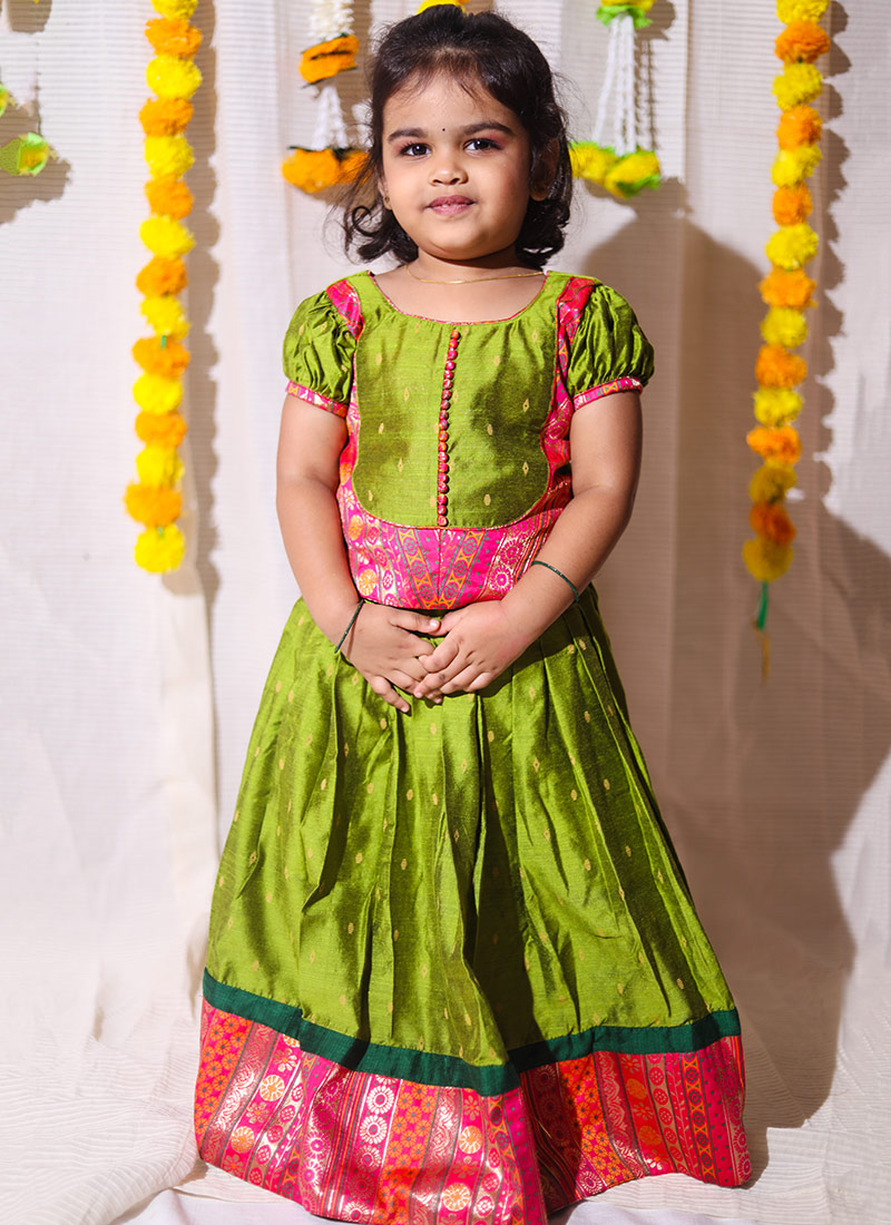 Green Art Silk Brocade Kids Girls With Round Neck And Half Sleeve Party Wear