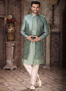 Green Art Silk Computer Thread Work Indowestern Sherwani