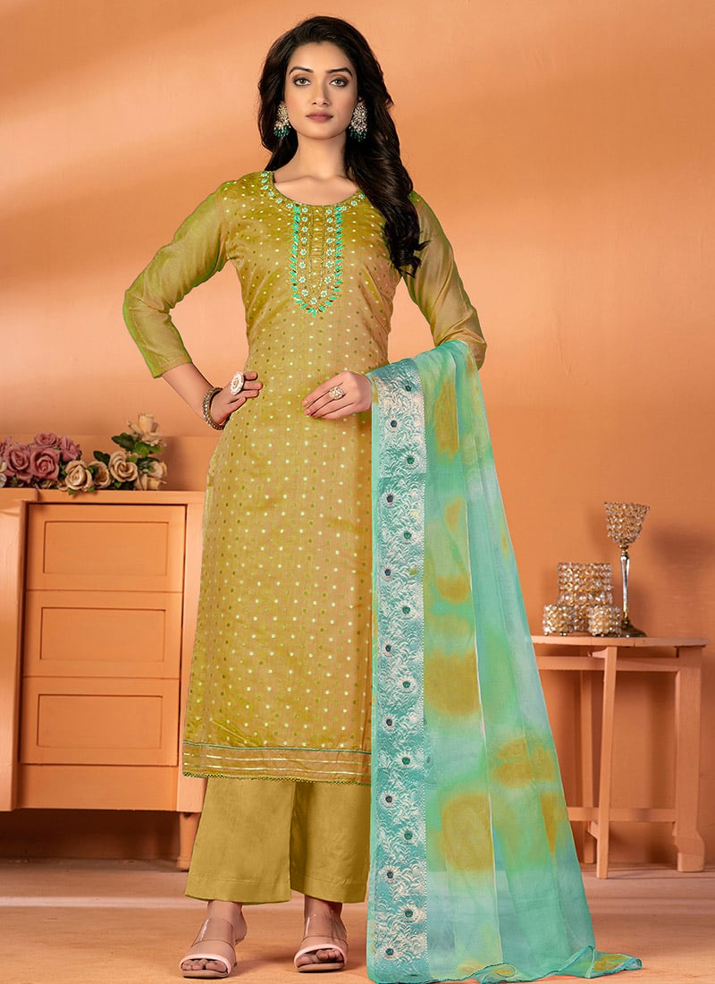 Shop Green Art Silk Cotton Jacquard Straight Pant Suit After Six Wear