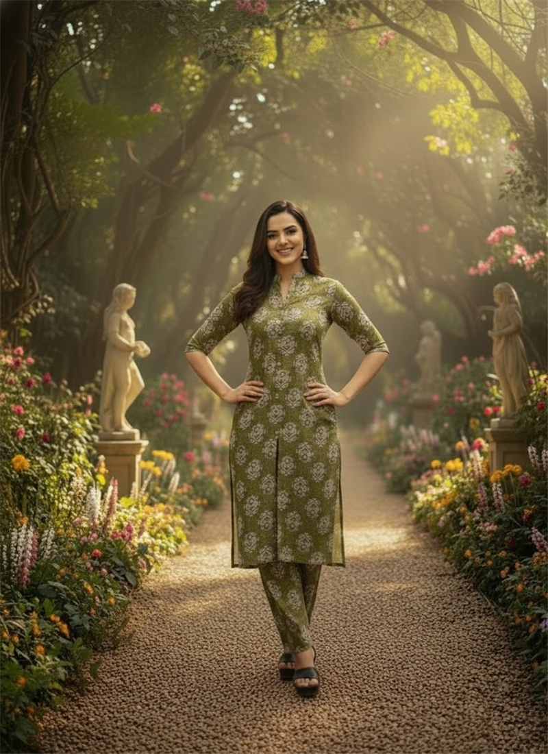 Green Art Silk Cotton Mill Print Kurta Seat After Six Wear