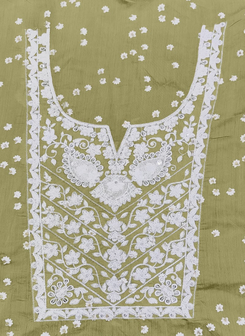 Green Art Silk Embroidered Fabric