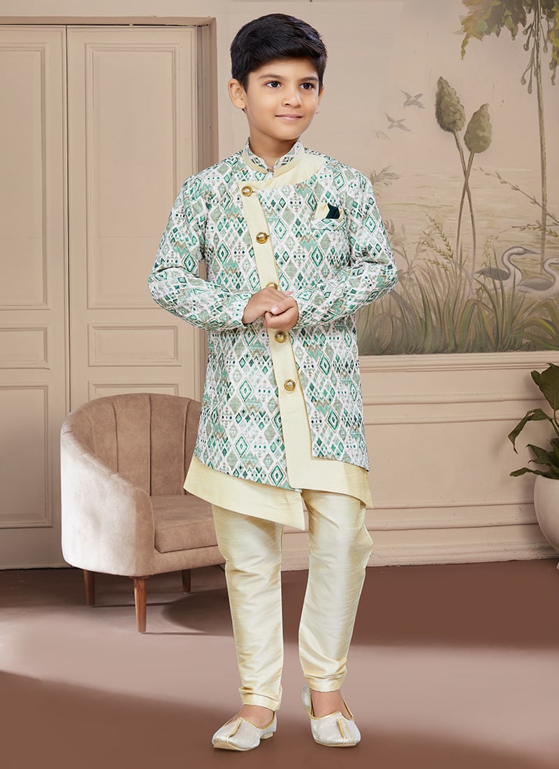 Green Art Silk Embroidered Indowestern Sherwani For Boys Festive Wear
