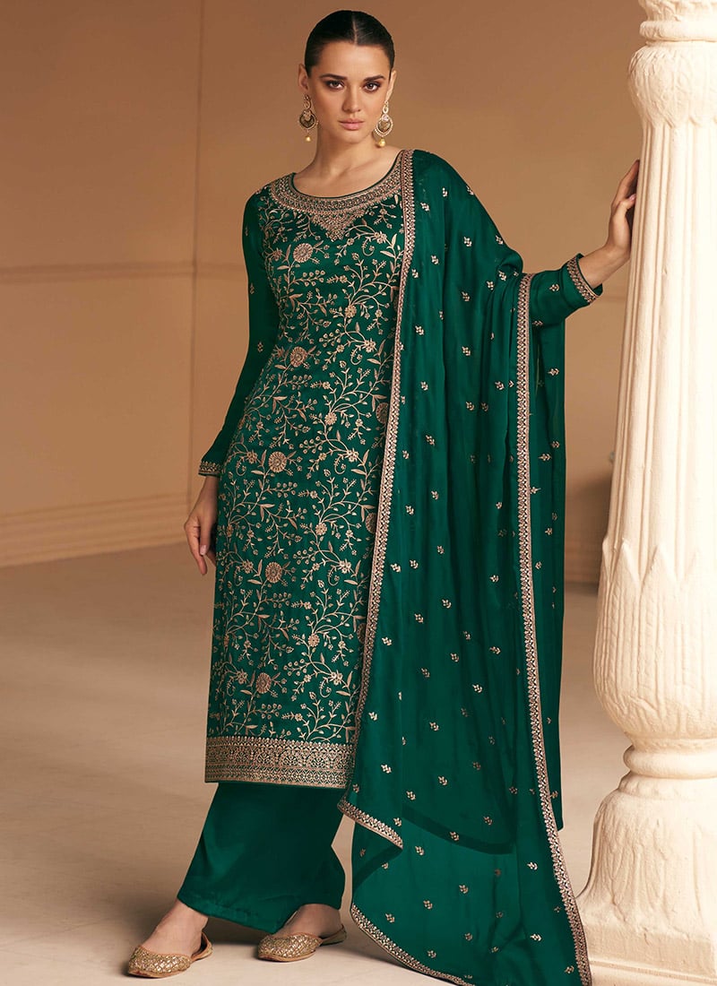 Green Art Silk Embroidered Palazzo suit Party Wear