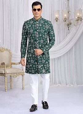 Green Art Silk Embroidered Sequins Beads Zari Indowestern Sherwani