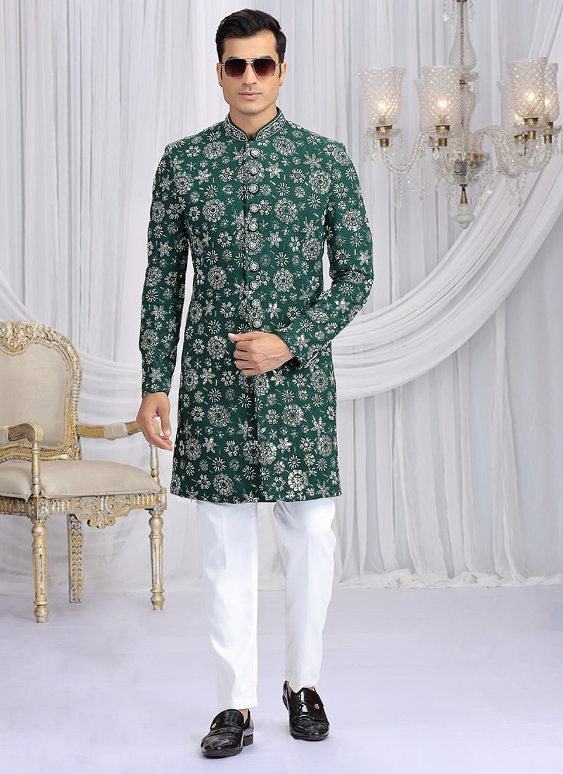 Green Art Silk Embroidered Sequins Beads Zari Indowestern Sherwani Wedding Wear