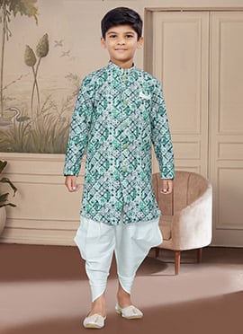 Green Art Silk Embroidered Sherwani For Boys