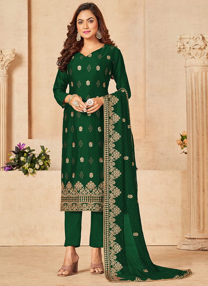 Green Art Silk Embroidery Straight Pant Suit Party Wear