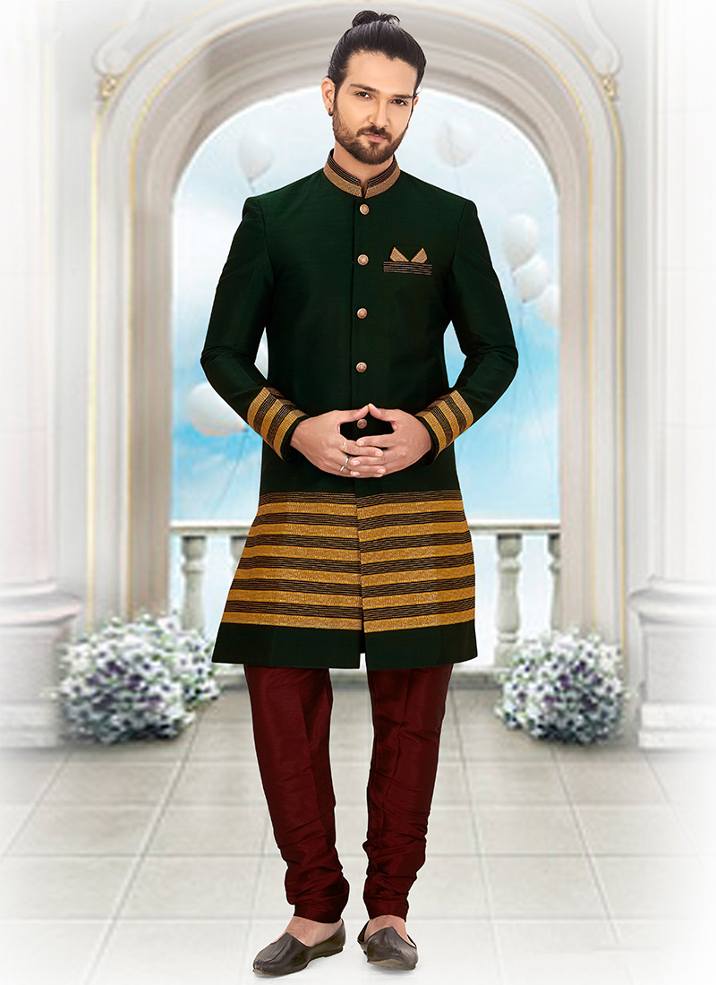Green Art Silk Indo Western Sherwani Wedding Wear