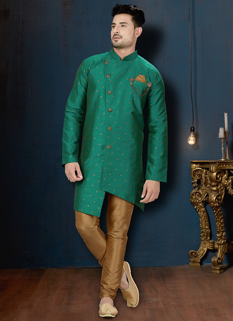 Green Art Silk Indo Western Sherwani Wedding Wear