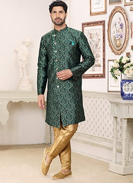 Green Art Silk Indowestern Sherwani