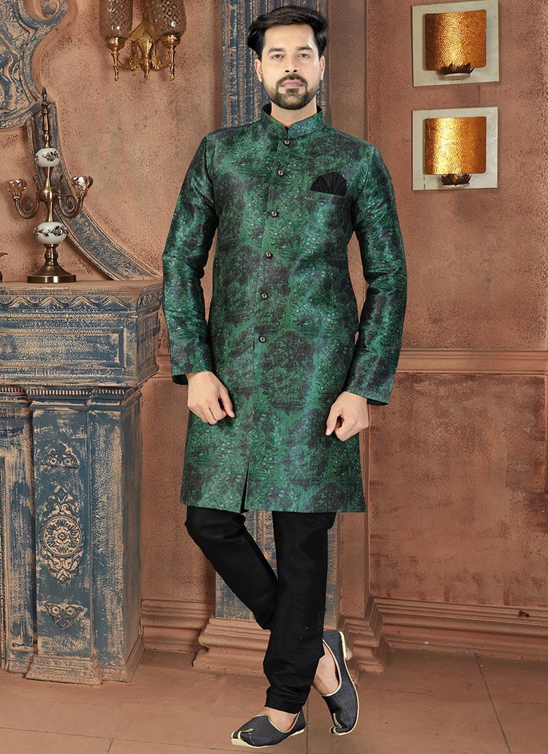 Green Art Silk Indowestern Sherwani Wedding Wear