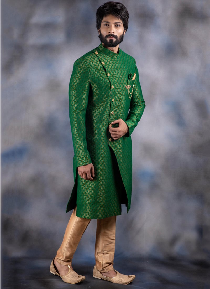 Green Art Silk Jacquard Classic Sherwani Wedding Wear