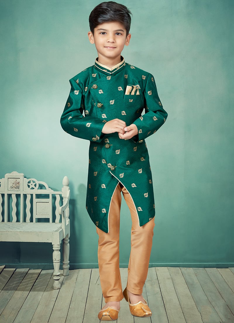 Green Art Silk Jacquard Indowestern Sherwani Party Wear