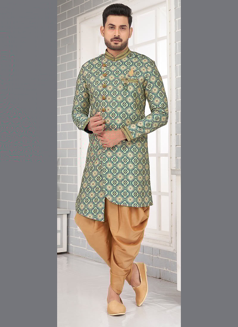 Green Art Silk Jacquard Indowestern Sherwani Party Wear
