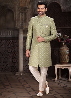 Green Art Silk Jacquard Indowestern Sherwani