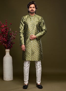 Green Art Silk Jacquard Indowestern Sherwani