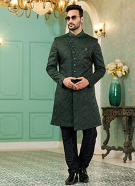 Green Art Silk Jacquard Indowestern Sherwani