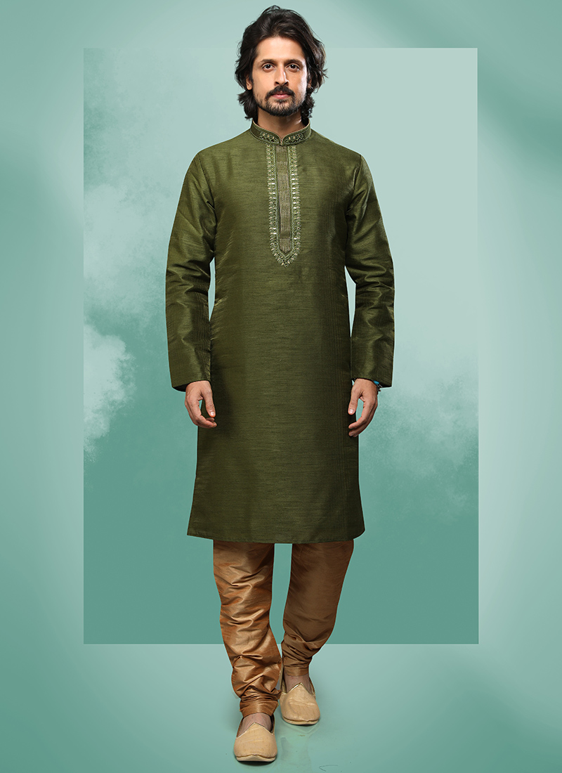Green Art Silk Machine Work Kurta Pyjama Party Wear