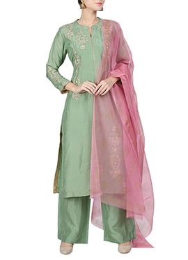 Green Art Silk Palazzo Suit
