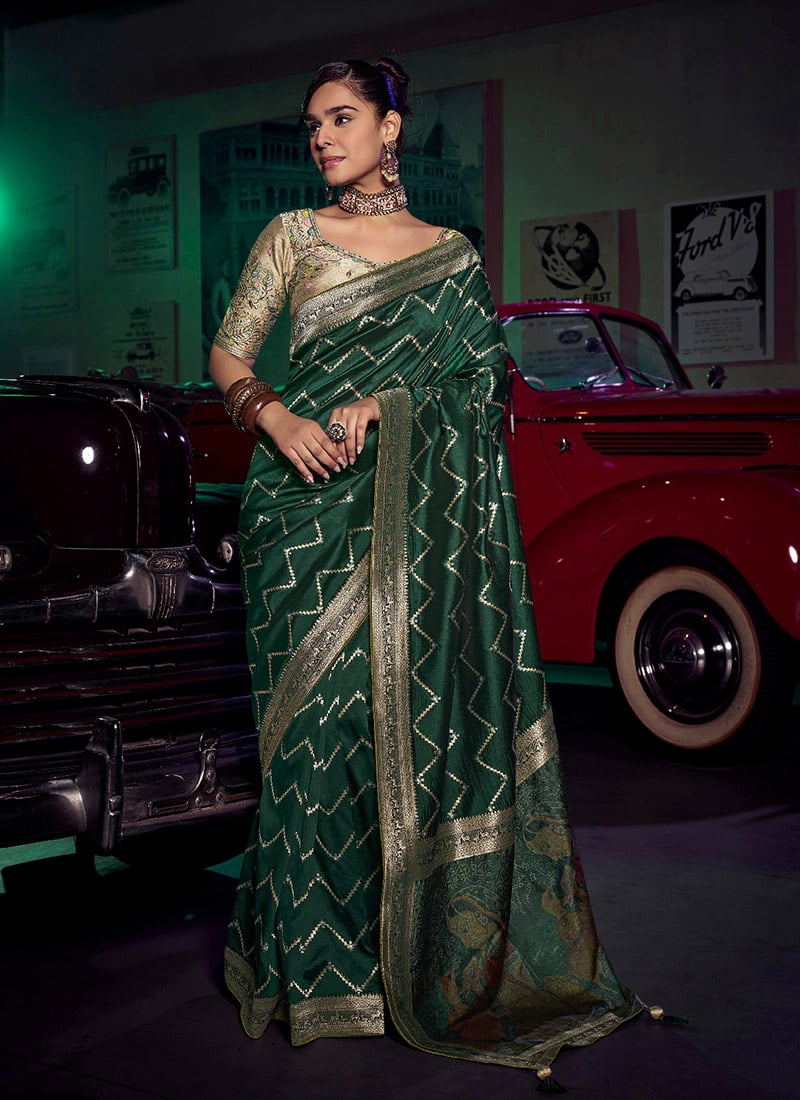 Green Art Silk Resham Zari Digital Print Saree Festive Wear