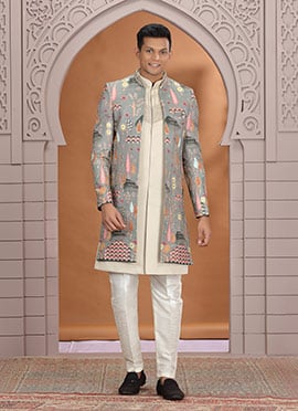 Green Art Silk Sequins Embroidered Zari Indowestern Sherwani