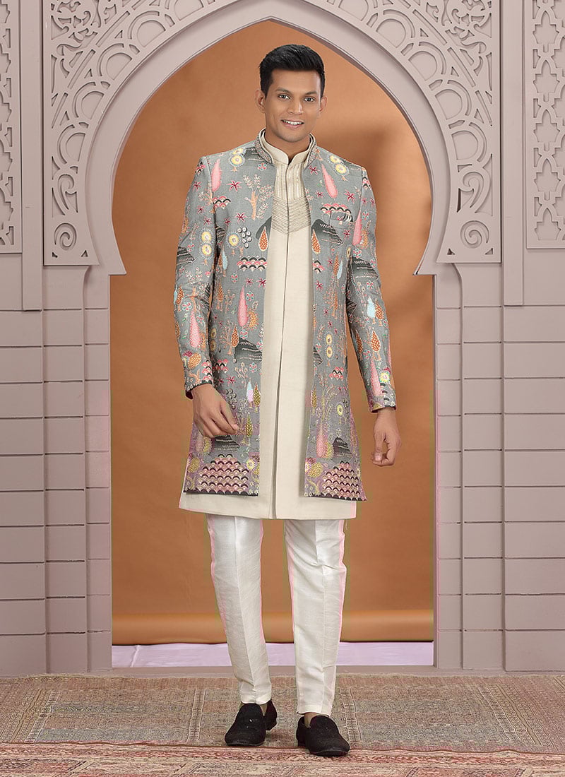 Green Art Silk Sequins Embroidered Zari Indowestern Sherwani Wedding Wear