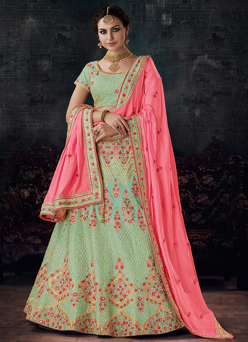Buy Green Art Silk Umbrella Lehenga, Embroidered, umbrella lehenga