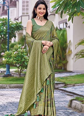 Green Banarasi Satin Silk Jacquard Woven Saree