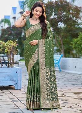 Green Banarasi Satin Silk Jacquard Woven Saree With Zari Border