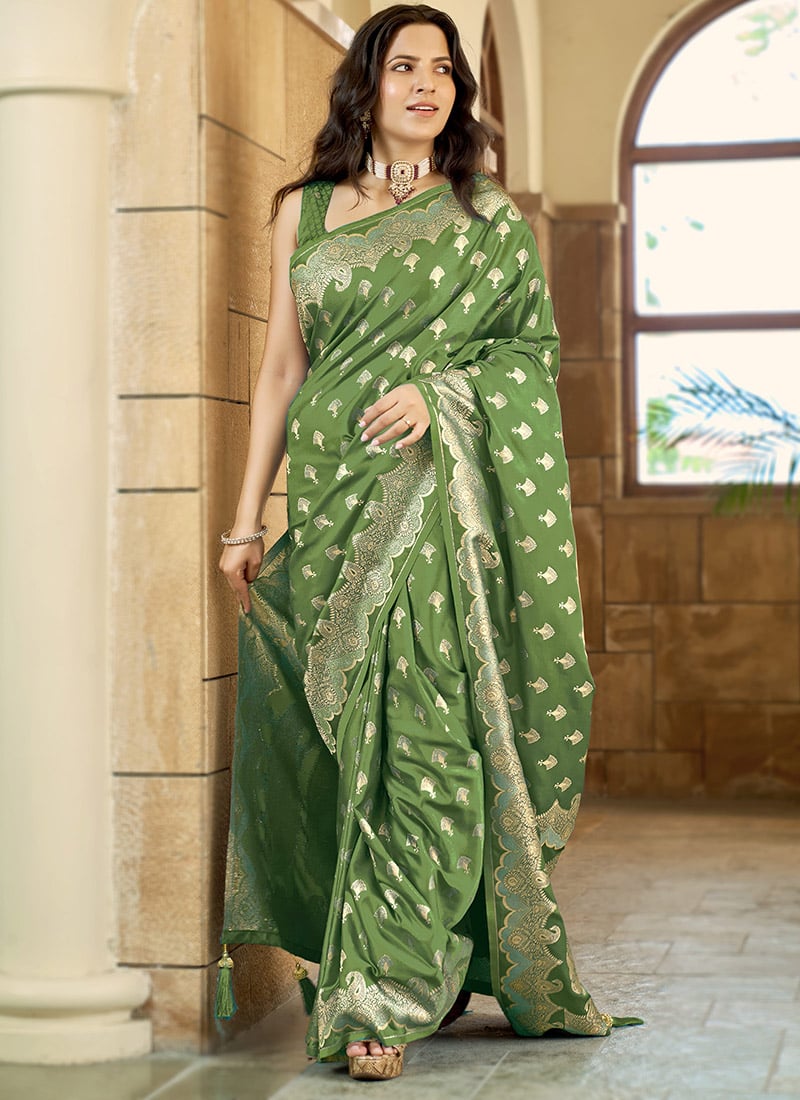Green Banarasi Satin Silk Regal Zari Woven Saree Festive Wear