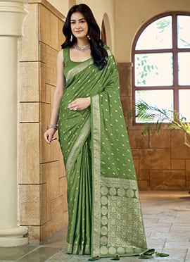 Green Banarasi Satin Silk Regal Zari Woven Saree