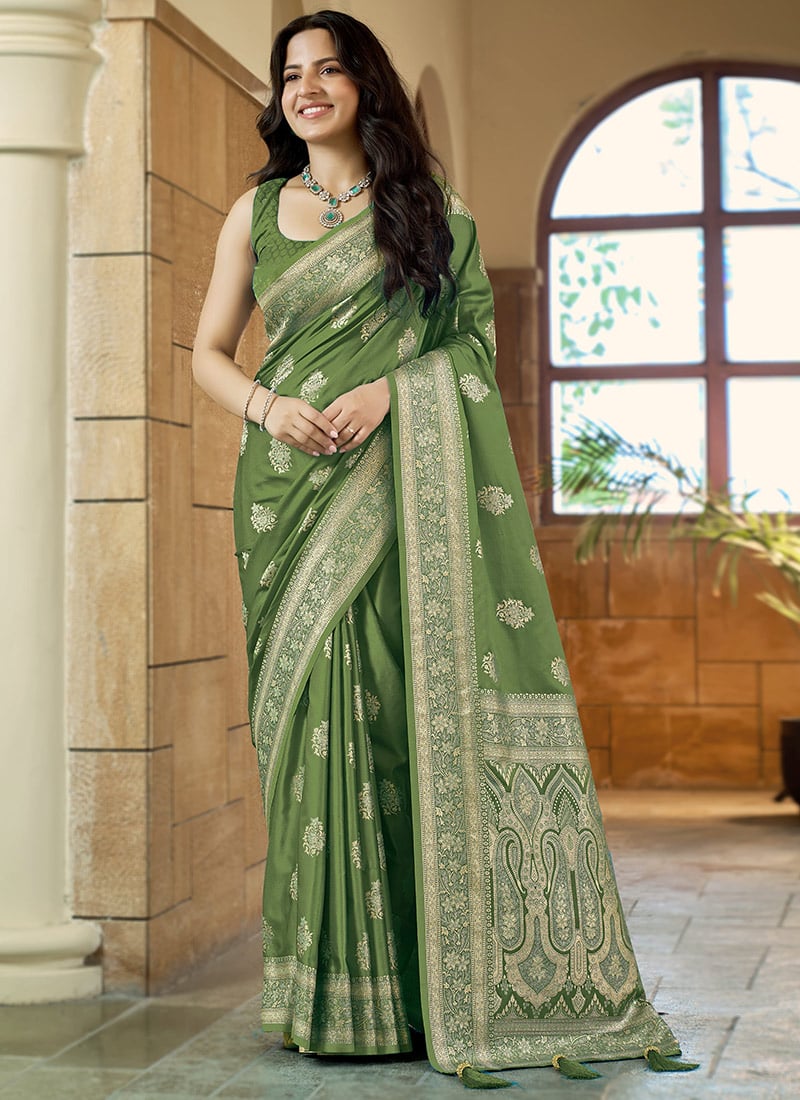 Green Banarasi Satin Silk Regal Zari Woven Saree Festive Wear