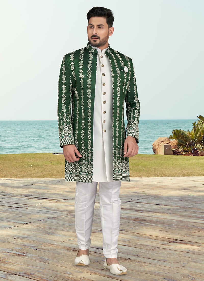 Green Banarasi Silk Embroidered Indowestern Sherwani Wedding Wear