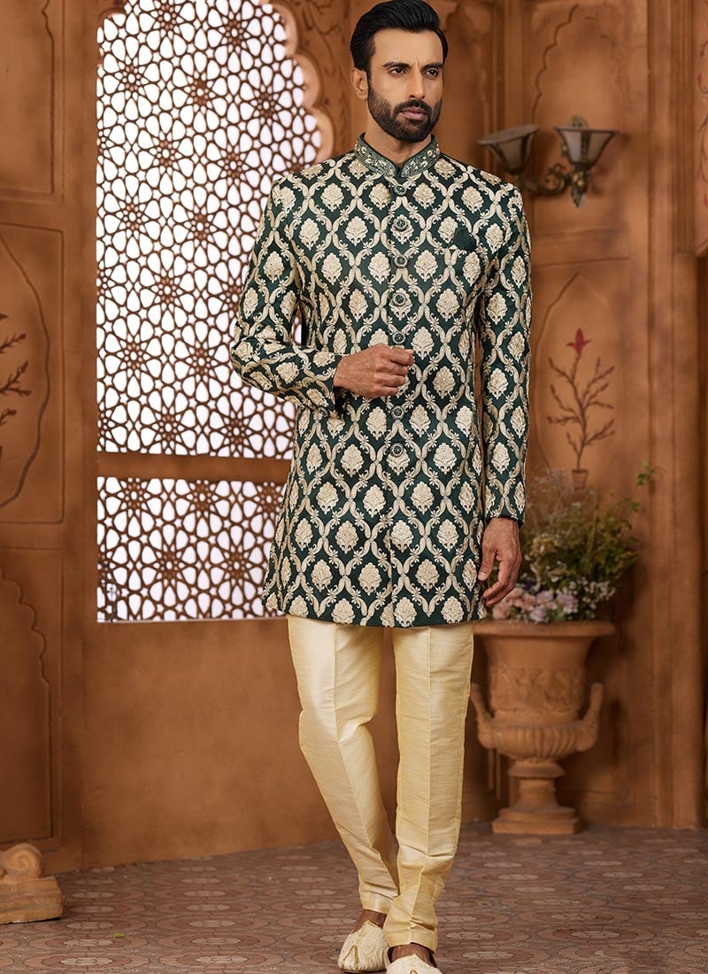 Green Banarasi Silk Embroidered Indowestern Sherwani Wedding Wear