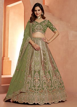 Green Banarasi Silk Floral Zari Embroidered Lehenga